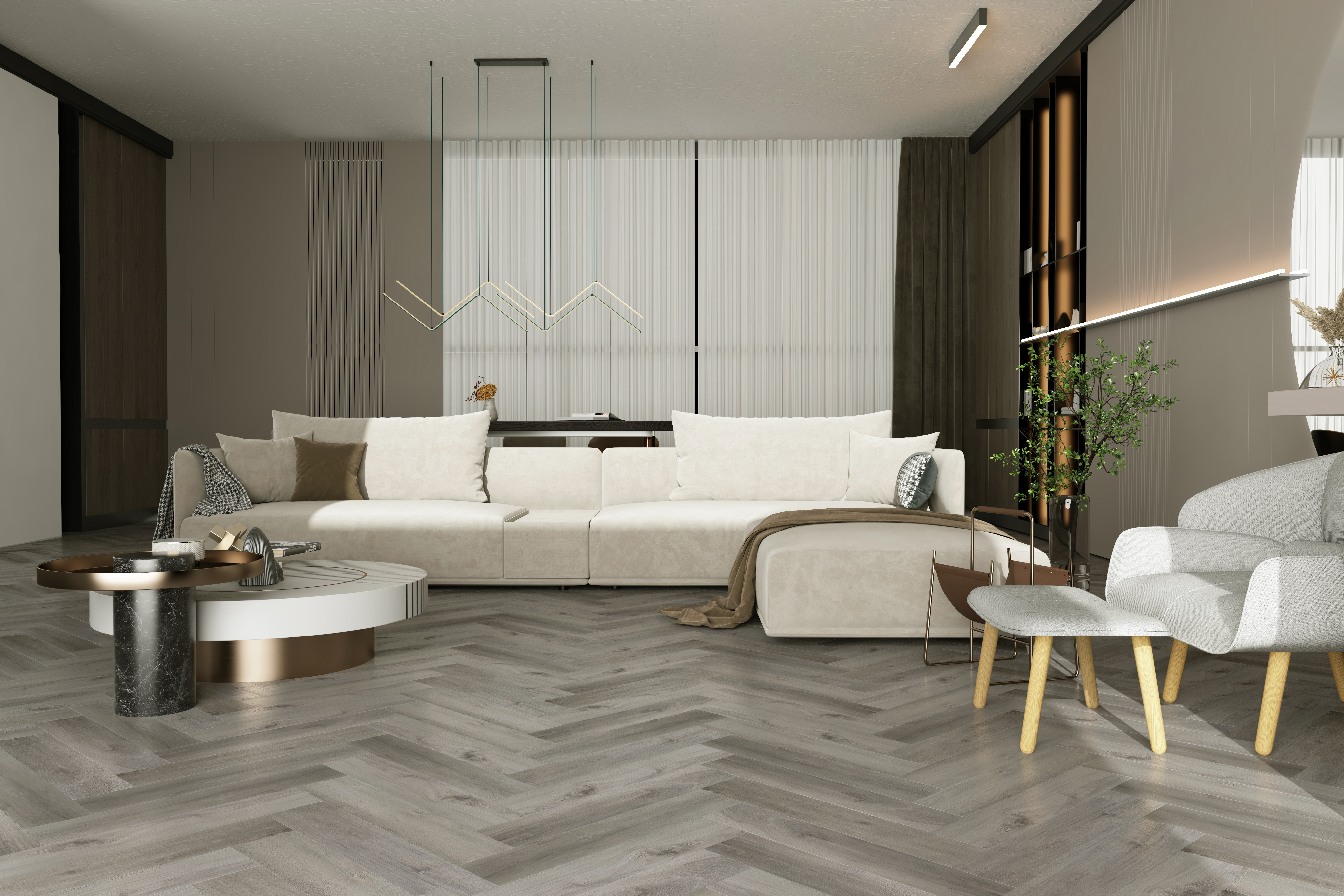 Кварцвиниловый SPC ламинат Home Expert Parquet Дуб Горный ручей 33-68W906 / 33-3006 венгерская елка 615×123×3,5 фото в интерьере